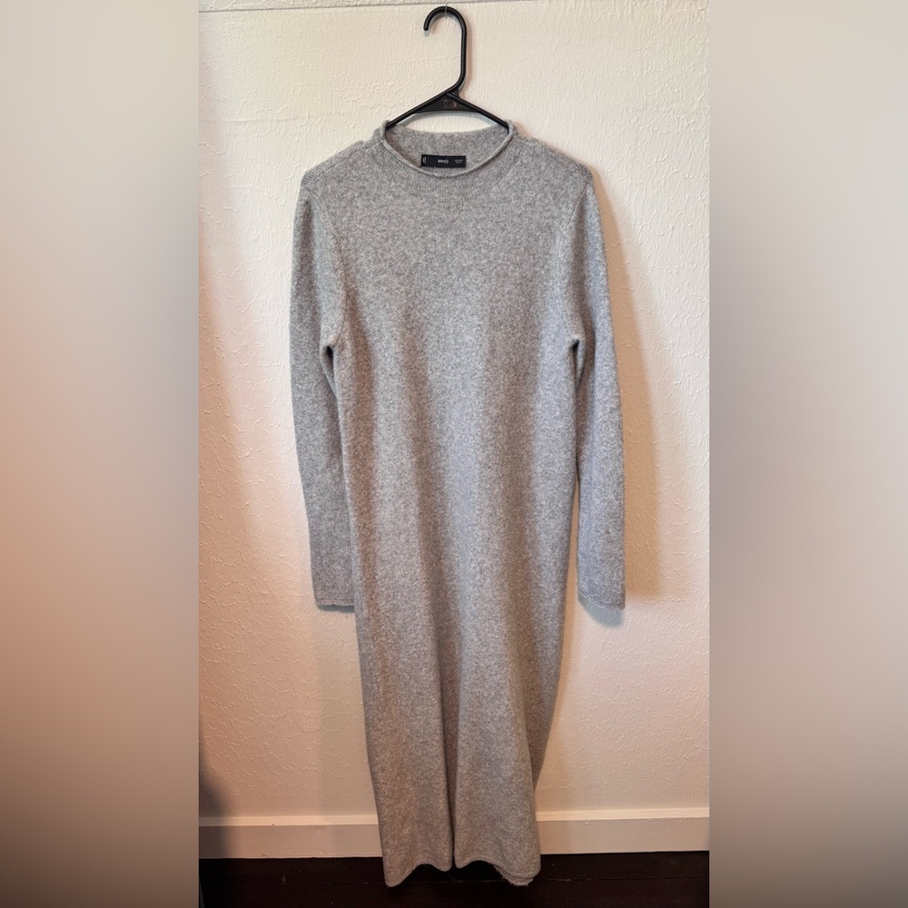 Mango Heather Gray Long-Sleeve Knit Midi Dress